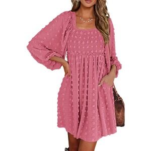 BTFBM Womens Pink Babydoll Dress‎ Square Neck Long Sleeve Smocked Mini Dress Med
